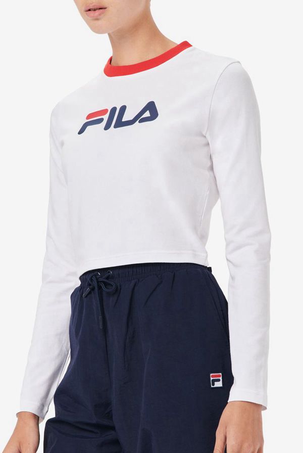 Fila Jaya Long Sleeve Crop Women's T-Shirts - White/Navy/Red,NZ 621-82496